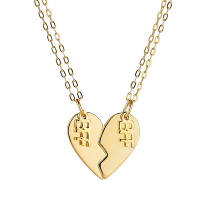 Product image of a pair of sterling silver best friend necklaces, with 14k gold plating, that when put together, make the shape of a heart. Each side of the heart has a charm attached with the word 'BFF'.